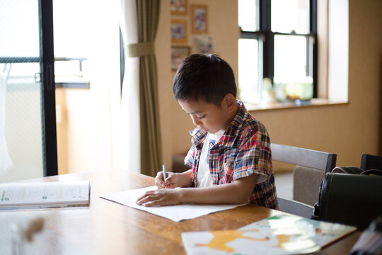 リビングで宿題をする小学生の男の子
