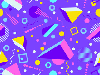 Fototapeta na wymiar Geometric seamless pattern with 3d shapes in 80s memphis style. Isometric 3D geometric shapes in different colors. Design for printing on paper, banners and wallpapers. Vector illustration