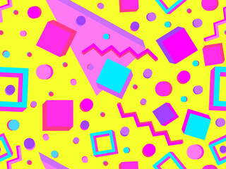 Geometric seamless pattern with 3d shapes in 80s memphis style. Isometric 3D geometric shapes in different colors. Design for printing on paper, banners and wallpapers. Vector illustration