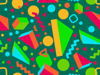 Geometric seamless pattern with 3d shapes in 80s memphis style. Isometric 3D geometric shapes in different colors. Design for printing on paper, banners and wallpapers. Vector illustration