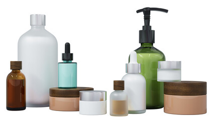 Group of different cosmetic bottles and jars 3D render