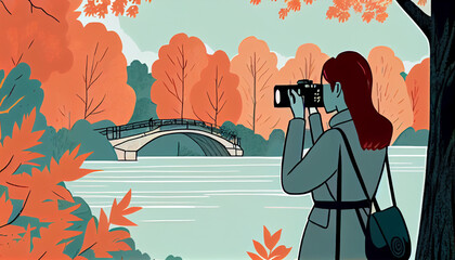 Make an illustration of a person photographing a landscape in a park generated by AI