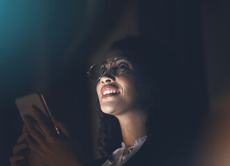 Looking, search and woman with phone at night for communication, chat and gps app in city....
