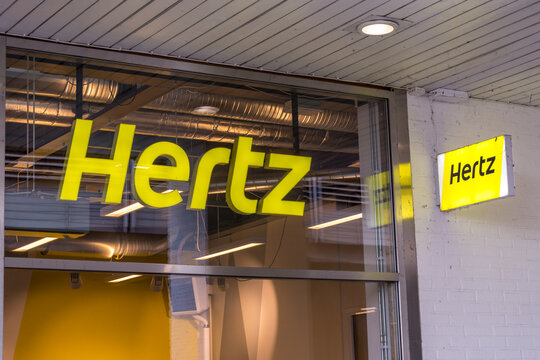 Gothenburg, Sweden - April 14, 2020: Logo of car rental company Hertz in Nordstan