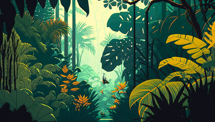 Fototapeta na wymiar A tropical forest with exotic trees, leaves and vines, illustration - Generative AI