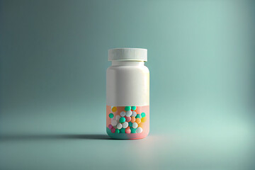 A jar in a glass with pills on a blue background. AI Generated