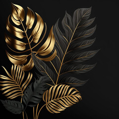 black and gold tropical leaves on dark background. Luxury exotic botanical design with Generative AI technology