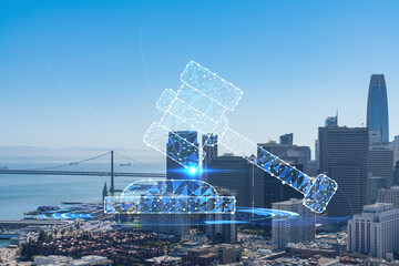 San Francisco skyline from Coit Tower to Financial District and residential neighborhoods, California, US. Glowing hologram legal icons. The concept of law, order, regulations and digital justice