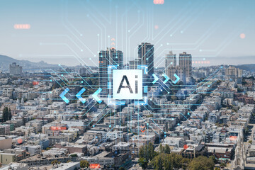 Fototapeta na wymiar Panoramic cityscape view of San Francisco financial downtown from rooftop, day time, California, United States. Artificial Intelligence, hologram. AI, machine learning, neural network, robotics