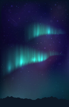 Aurora in the Arctic. Starry night sky and bright glow over the mountains. Aurora Borealis. Vector image. Background design for cover, wallpaper, cover., magazine.