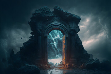 Thunderstorm round portal gateway to another world. Clouds in sky above gate, a glowing passage through the arch - obrazy, fototapety, plakaty