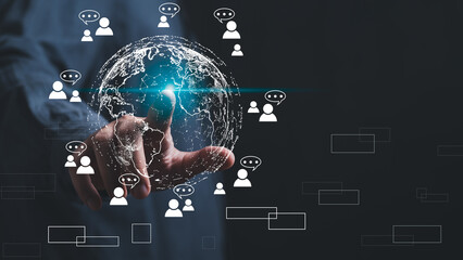 Connection to the world network.  Big data analytics and business intelligence. Global business point and line composition concept on a world map. The Metaverse technology of digital links.