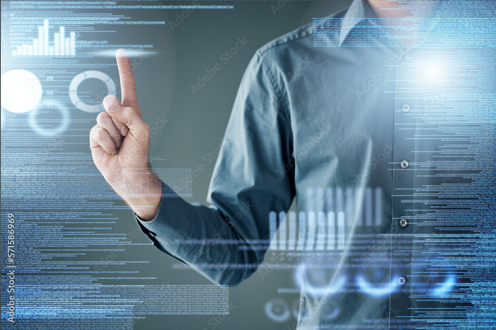 Aufkleber man, finger and overlay for data analytics by chart and tech innovation for planning in office. info