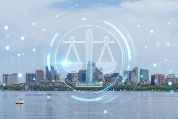 Panorama skyline, city view of Boston at day time, Massachusetts. Financial downtown. Glowing...