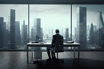 Old businessman in office. Generative AI. Business, retirement concept.