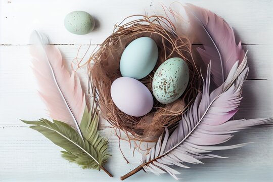 Happy Easter. Colorful easter eggs in nest on blue wooden background. Holiday concept. Generative AI