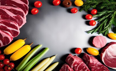 Meat Selection with vegetables for Healthy Nutrition. Top view copy space. Generative AI