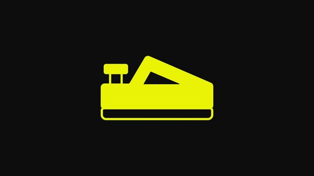 Yellow Wood plane tool for woodworker hand crafted icon isolated on black background. Jointer plane. 4K Video motion graphic animation