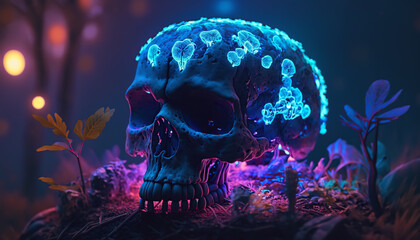 illustration. a skull transformed by a multicolored mushroom mold	