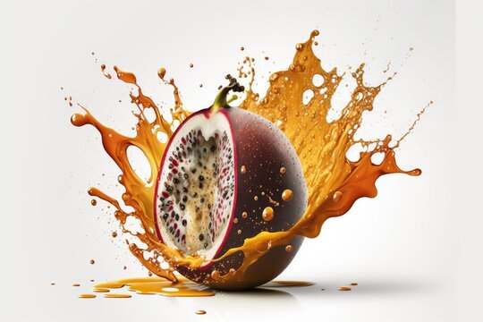 Red passion fruit with splashes of passionfruit juice on a white backdrop. Generative AI