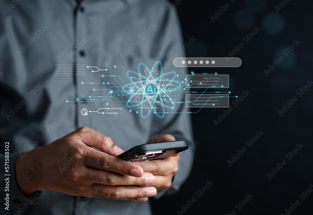Aufkleber Chat bot intelligence Ai. Businessman using chat in smartphone Chat with AI Artificial Intelligence, developed by OpenAI generate. Futuristic technology, robot in online system.