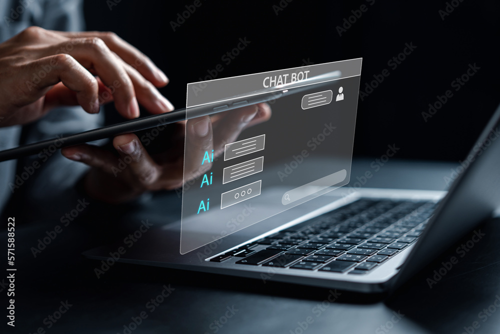 Poster Chat bot intelligence Ai. Businessman using chat in smartphone Chat with AI Artificial Intelligence, developed by OpenAI generate. Futuristic technology, robot in online system.
