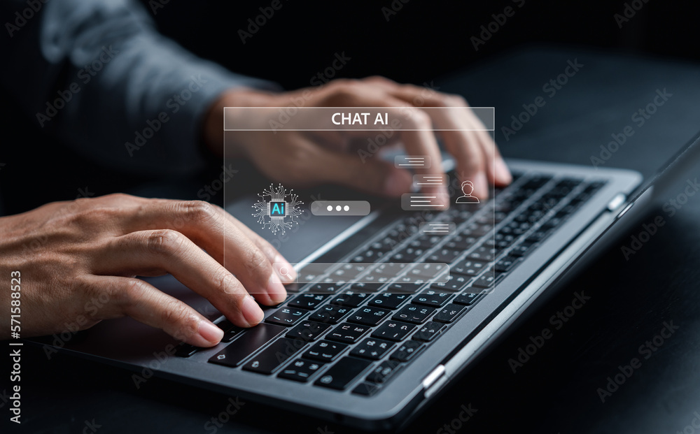 Aufkleber Chat bot intelligence Ai. Businessman using chat in laptop Chat with AI Artificial Intelligence, developed by OpenAI generate. Futuristic technology, robot in online system.
