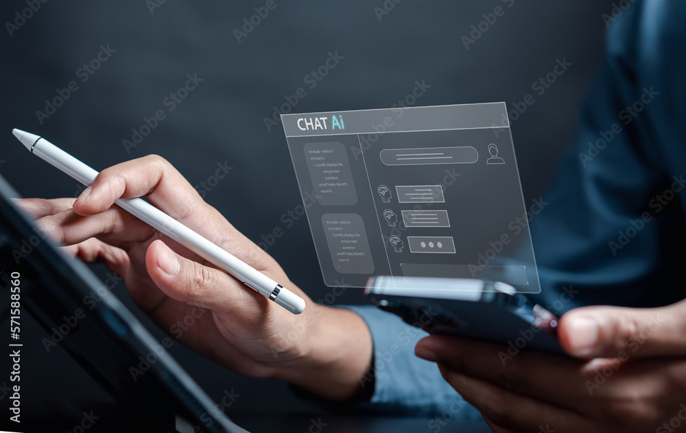Poster Chat bot intelligence Ai. Businessman using chat in smartphone Chat with AI Artificial Intelligence, developed by OpenAI generate. Futuristic technology, robot in online system.