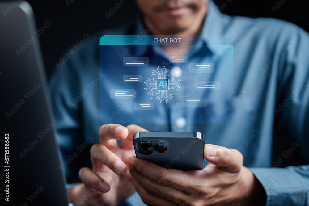 Aufkleber Chat bot intelligence Ai. Businessman using chat in smartphone Chat with AI Artificial Intelligence, developed by OpenAI generate. Futuristic technology, robot in online system.