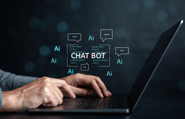 Chat bot intelligence Ai. Businessman using chat in computer Chat with AI Artificial Intelligence, developed by OpenAI generate. Futuristic technology, robot in online system.