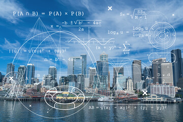 Seattle skyline with waterfront view. Skyscrapers of financial downtown at day time, Washington,...
