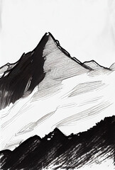Sketch of a mountain landscape, minimal black and white. Generative AI.