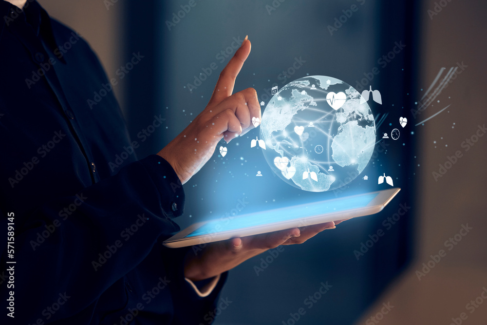 Aufkleber hands, tablet and hologram earth in night at office for research, analysis and web design for tech i