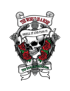 Skull And Red Ross, Skull And Red Rosses,  Vintage T-Shirt Design, Skull With Rose Design, Valentine's Day Design, T-Shirt Design, Vector Design