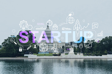 Capitol dome building exterior, Washington DC, USA. Home of Congress and Capitol Hill. American political system. Startup company, launch project to seek and develop scalable business model, hologram