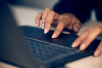 Hands, business woman and typing on laptop in office, working on email or project online. Technology, computer keyboard and female professional writing reports, planning or internet research at night