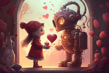 Valentine's day illustration of a young girl and a robot being in love. Generative AI