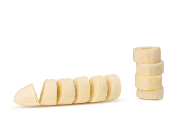 Fresh raw banana cut into pieces. Isolated on white background.