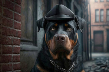 A Rottweiler dog with a hat and collar that demands respect against a brick wall, generative ai