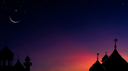 Silhouette dome mosques and crescent moon on dusk sky, religion of Islamic and free space for calligraphy Ramadan Kareem, Eid Mubarak, Eid al Fitr, Eid Al Adha, Muharram 