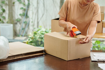 Fototapeta na wymiar Woman Sealing Cardboard Boxes