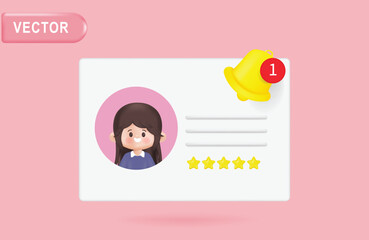 3d cartoon cute business woman character. Identity document for customer review five star rating and red notification social media concept. realistic colorful 3d vector illustration.