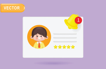 3d cartoon cute businessman character profile. Identity document for customer review five star rating and red notification social media concept. realistic colorful 3d vector illustration.