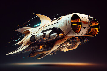 A spaceship with sleek, aerodynamic lines and bright, glowing engines, soaring through the vast emptiness of space. Generative Ai