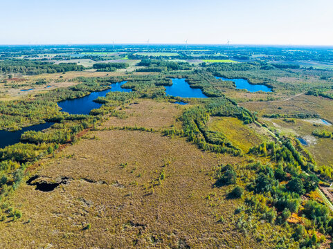 Aerial view of peat bog with lakes and forest in national park De Groote Peel, Limburg, Netherlands.