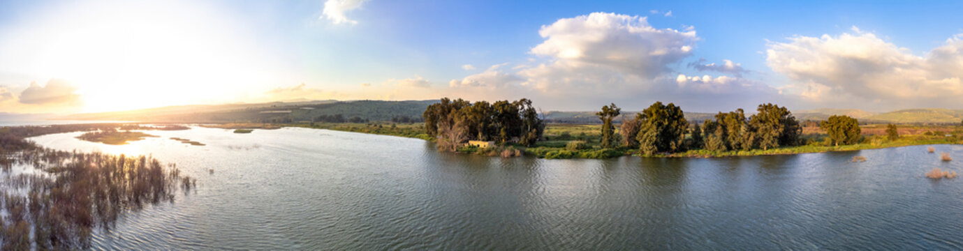 Panoramic aerial view of a river and lake, Jordan river, Sea of Galilee, Israel.