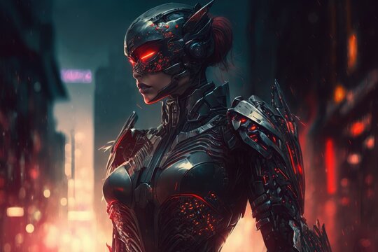 Science fiction cyborg woman illustration standing in a dark city street with retail malls wearing a sleek black metal armor suit, helmet, and red illuminating spectacles. a futuristic soldier in conc