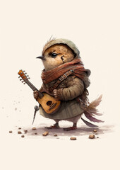 Tiny and cute adventure sparrow with guitar exploring the Cozy Winter Woods bird Adventure Animal Poster Edition Ai Generative