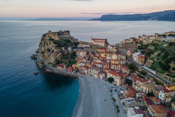 Aerial view of Scilla, a small town along the Mediterranean Sea coastline at sunset, Reggio Calabria, Calabria, Italy.
