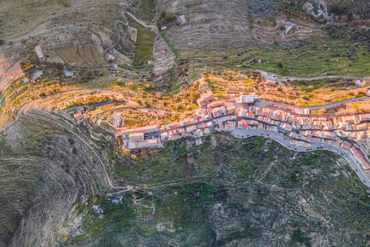 Aerial view of Centuripe, a small town on mountain crests in Enna province, Sicily, Italy.